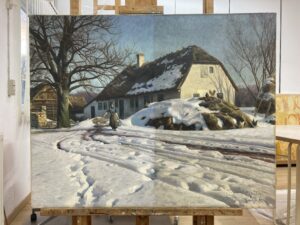 Gård i sol og sne af P. Mønsted under rensning